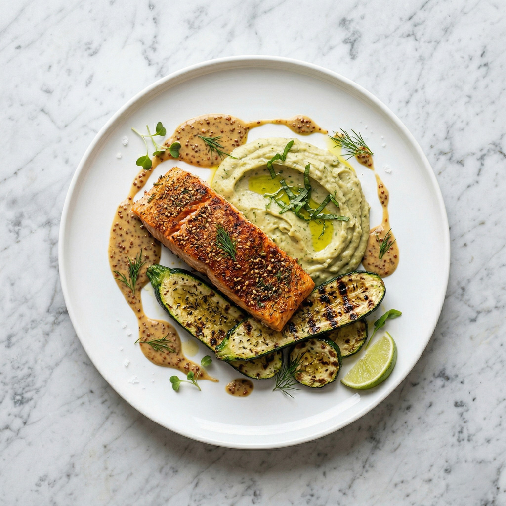Filet de saumon en croûte d’épices, sauce moutarde, courgettes grillées, purée à l’huile d’olive et basilic.
