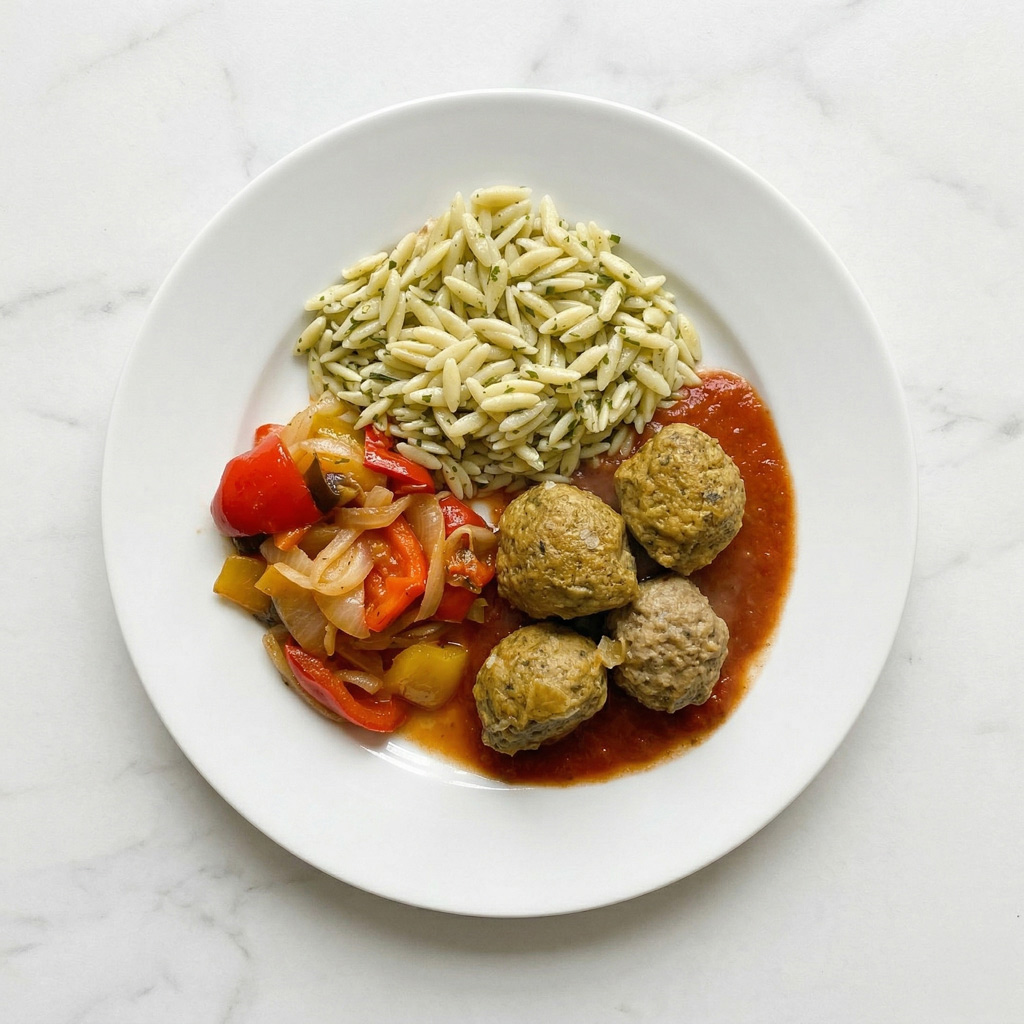 Mini Kefta libanaise, sauce tomates au cumin, poivrons et oignons confits, orzo aux herbes.
