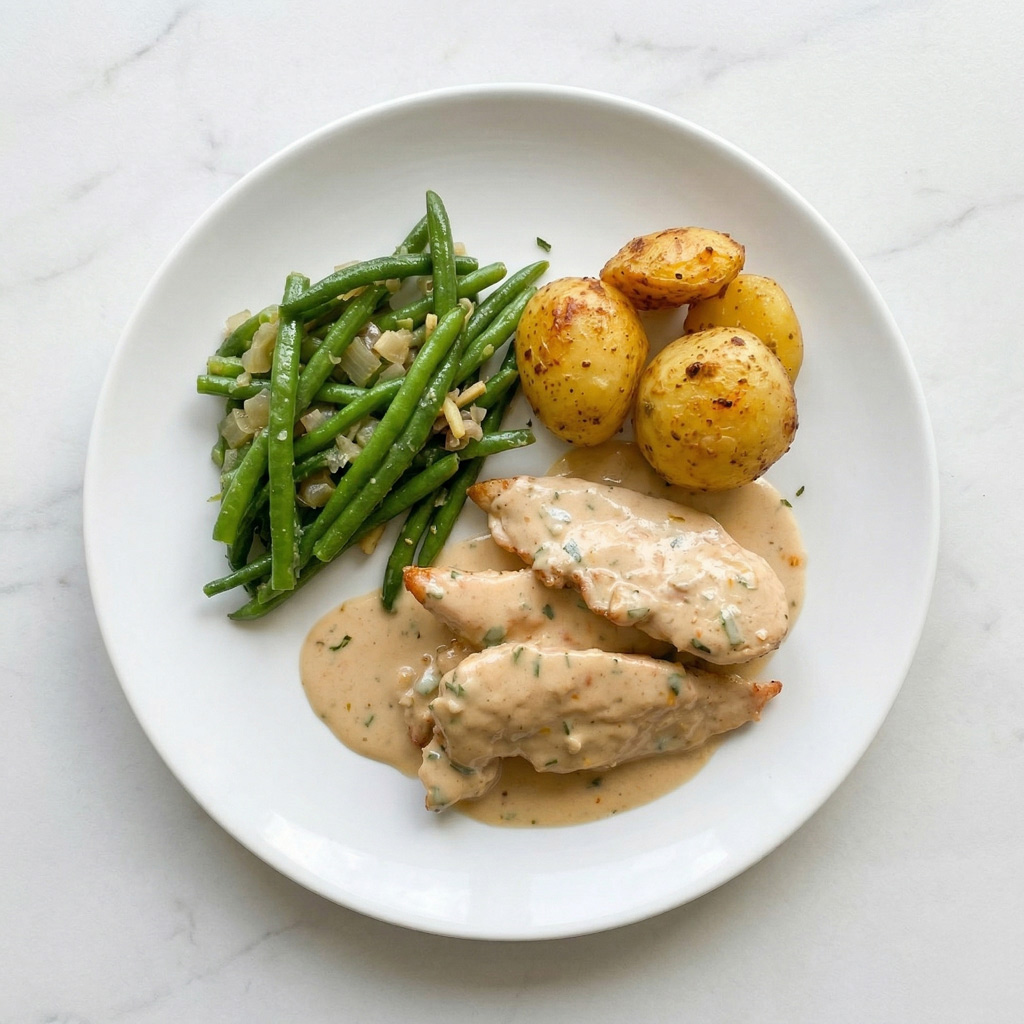 Petits suprêmes de poularde, sauce à l’estragon, haricots verts à l’échalote et au gingembre, pommes de terre rôties.