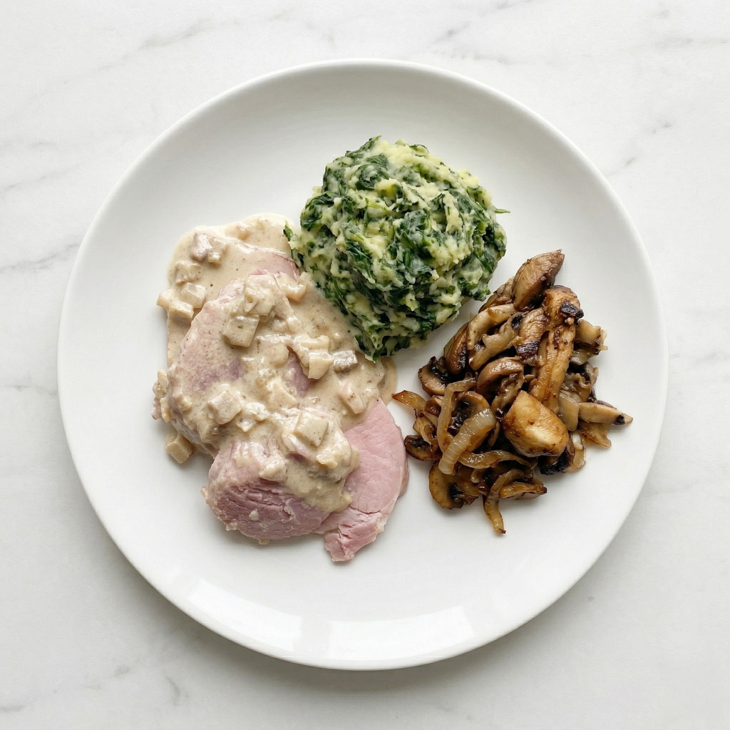 Jambon désossé, sauce légèrement crémée, champignons de saison aux oignons, purée aux épinards.