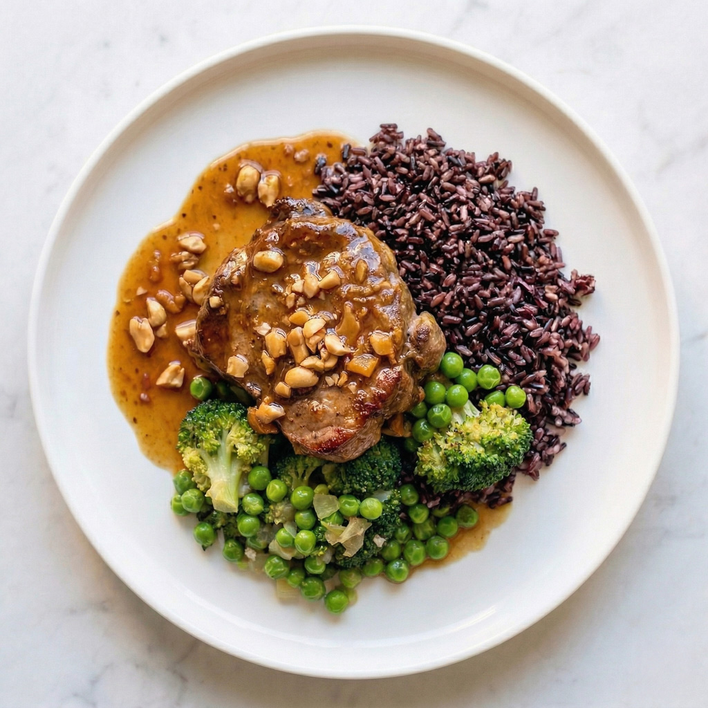 Joues de porc, sauce laquée, cacahuètes et gingembre, brocoli grillé et petits pois, riz noir aux épices.
