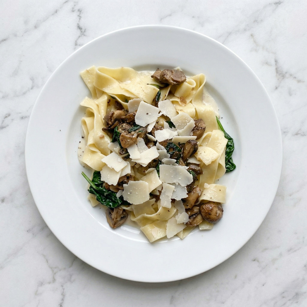 Pappardelle, sauce cacio e pepe, champignons de Paris, épinards et parmesan.