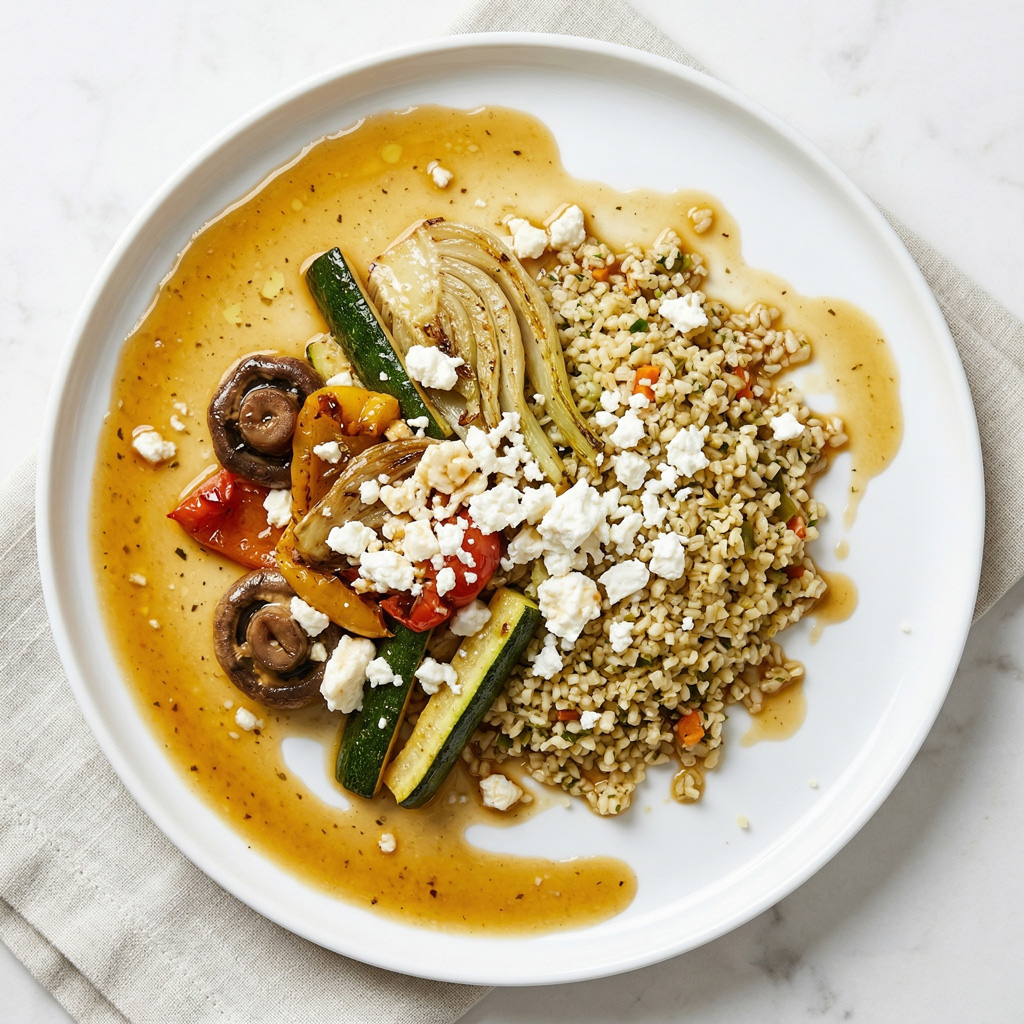  Les cinq légumes du jour à l’italienne, crumble de feta, boulgour aux herbes vertes. 