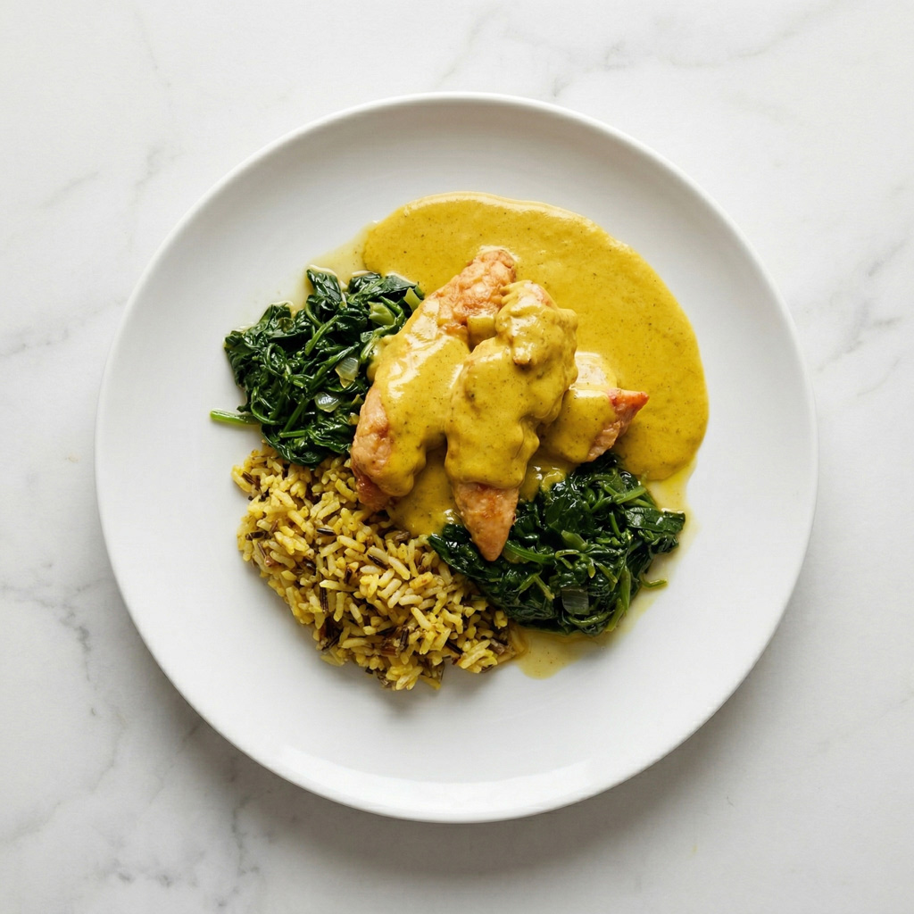 CHICKEN TENDERS, SAUCE AU CURRY JAUNE, GINGEMBRE ET EPINARDS, RIZ SAUVAGE AUX EPICES