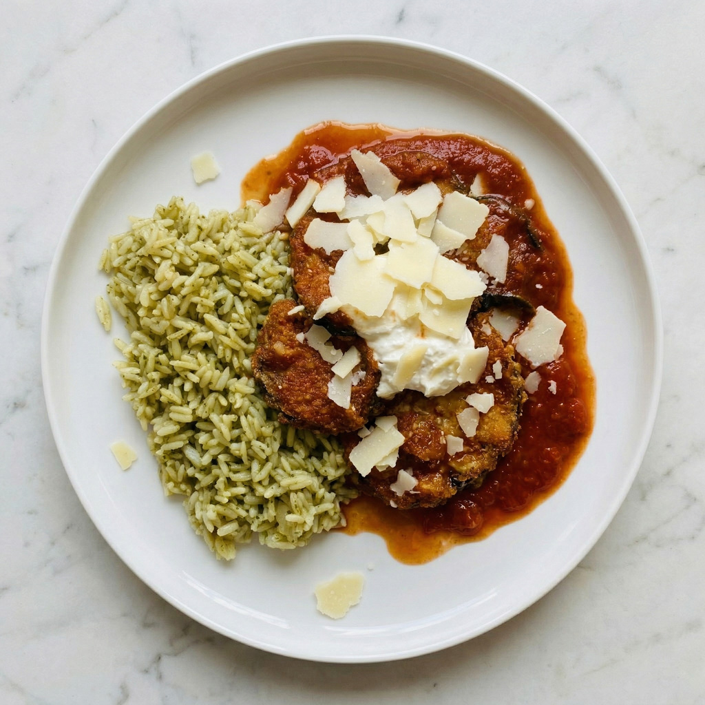 AUBERGINES ALLA PARMIGIANA, RIZ COMPLET AU BASILIC, OIGNONS ET PARMESAN