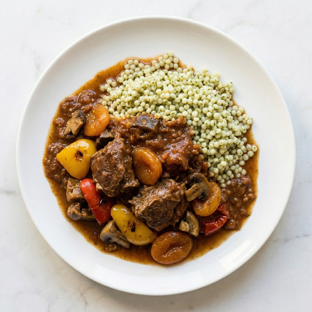 TAJINE D'AGNEAU, LEGUMES DE SAISON ET ABRICOTS, COUSCOUS PERLE AUX HERBES VERTES