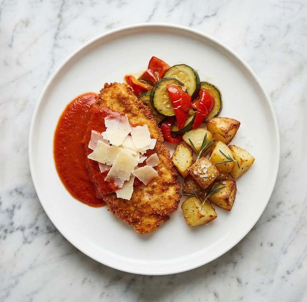 Escalope de dinde panée, coulis de tomate, copeaux de parmesan, courgettes et poivrons confits, pommes de terre rôties au gros sel et romarin.