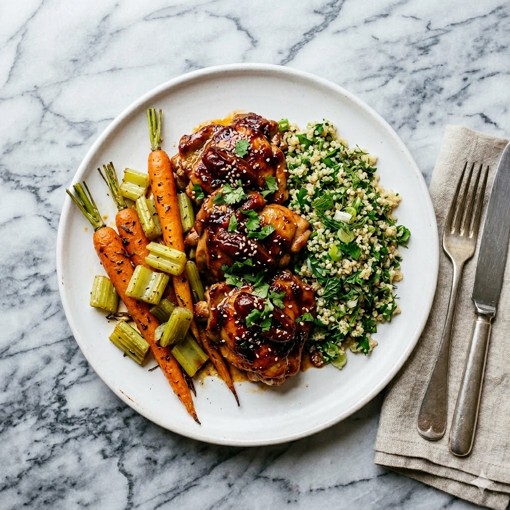 Cuisse de poulet désossée aux dattes, miel et harissa, jeunes carottes et céleri, quinoa aux herbes vertes.