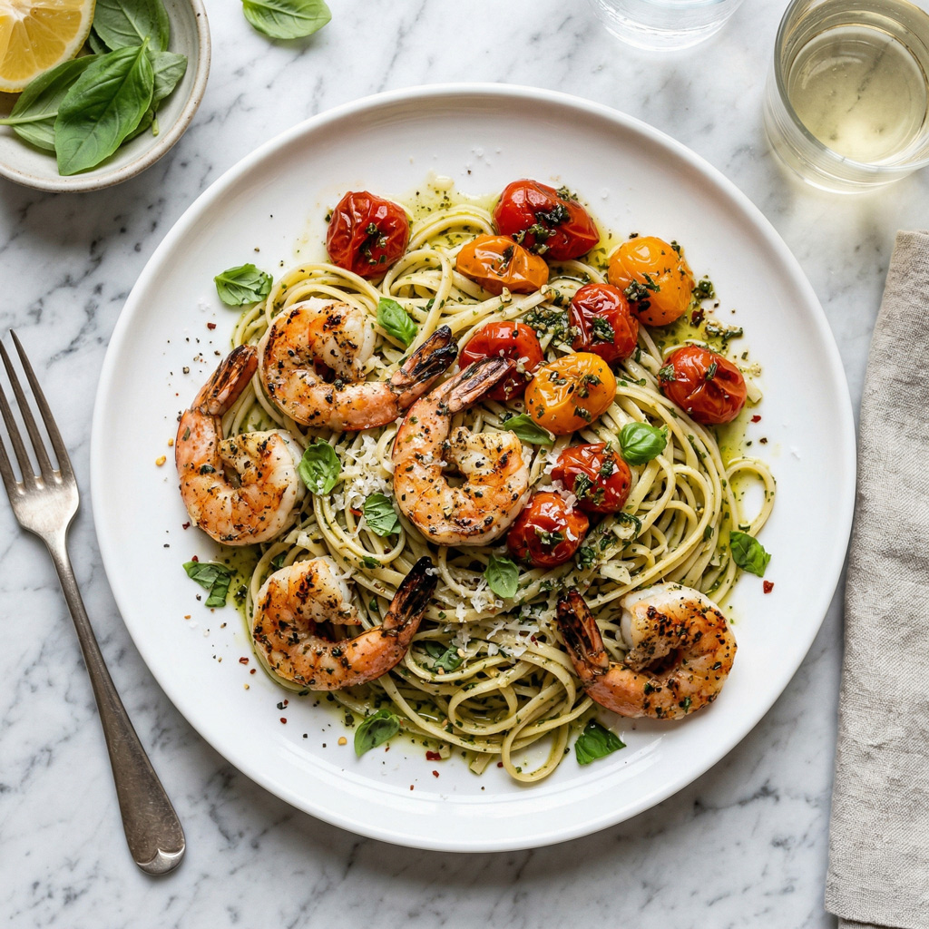 Scampis grillés, linguine à l’huile de basilic frais, tomates cerises au four aux herbes vertes. 
