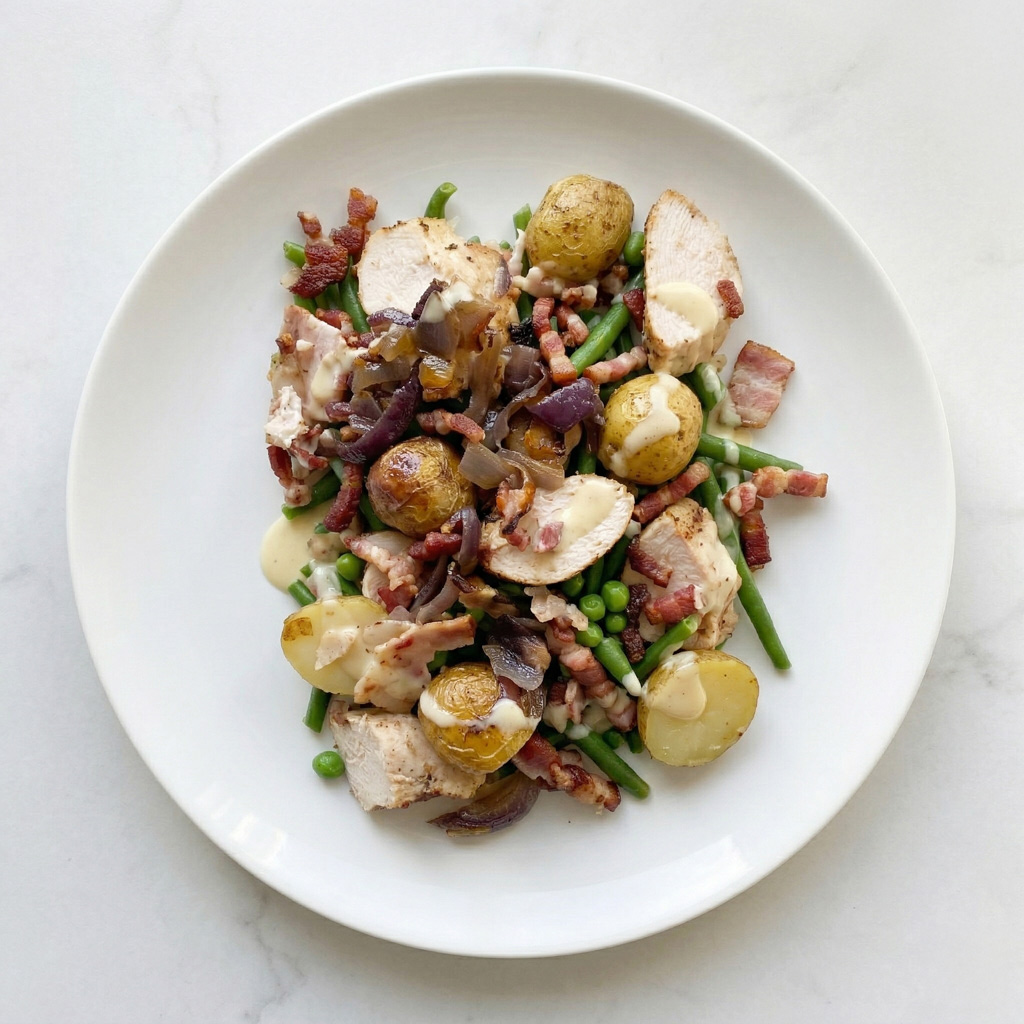 Salade liégeoise (poulet, haricots verts, bintjes, lardons, oignons rouges).