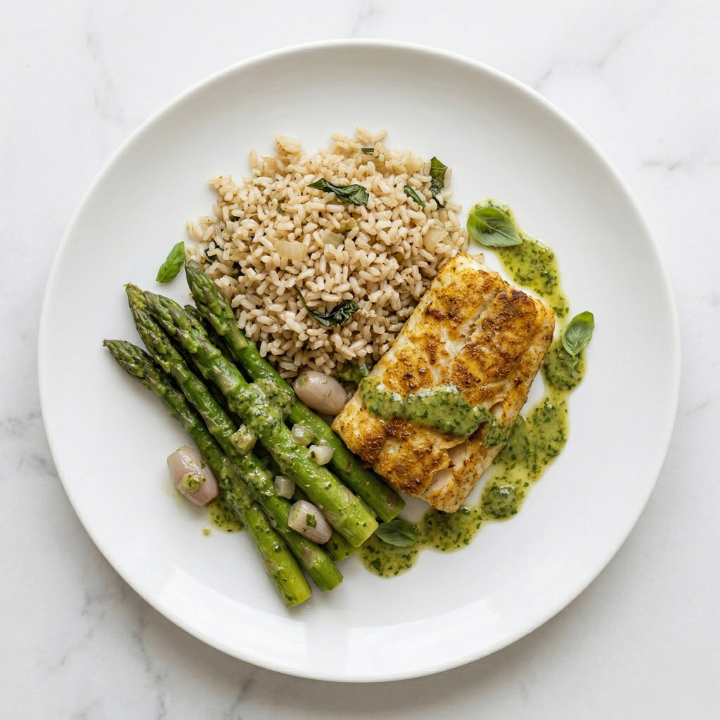 Filet de colin aux épices, sauce verte, asperges vertes et échalotes, riz complet, basilic et oignons.
