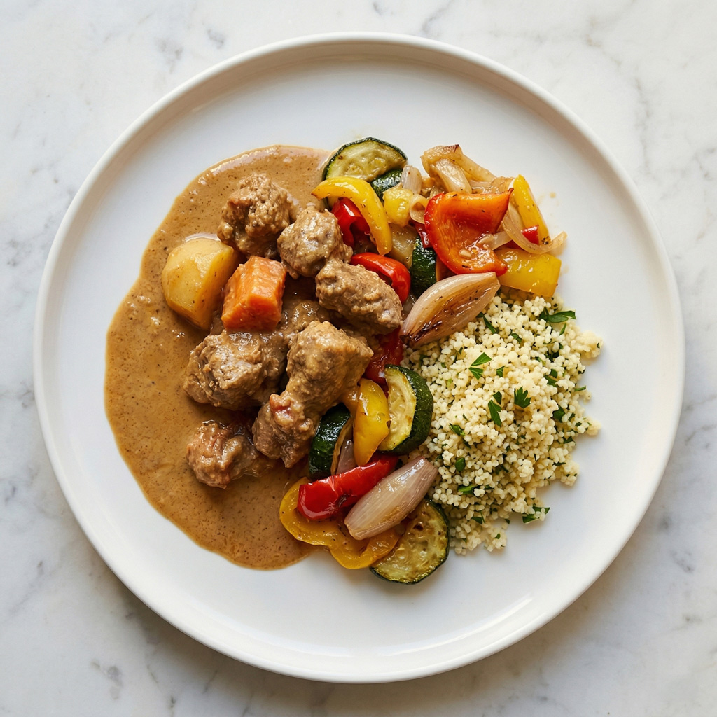 BOEUF MASSAMAN, COURGETTES ET POIVRONS A L' ECHALOTE AU FOUR, SEMOULE AU PERSIL PLAT