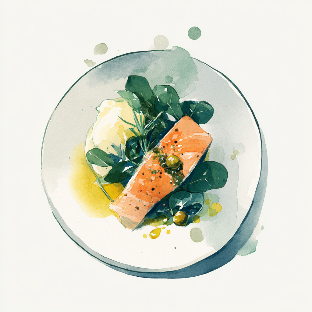 Filet de saumon aux épices, sauce verte, épinards aux oignons, purée de pommes de terre à l’huile d’olive et basilic (GF).