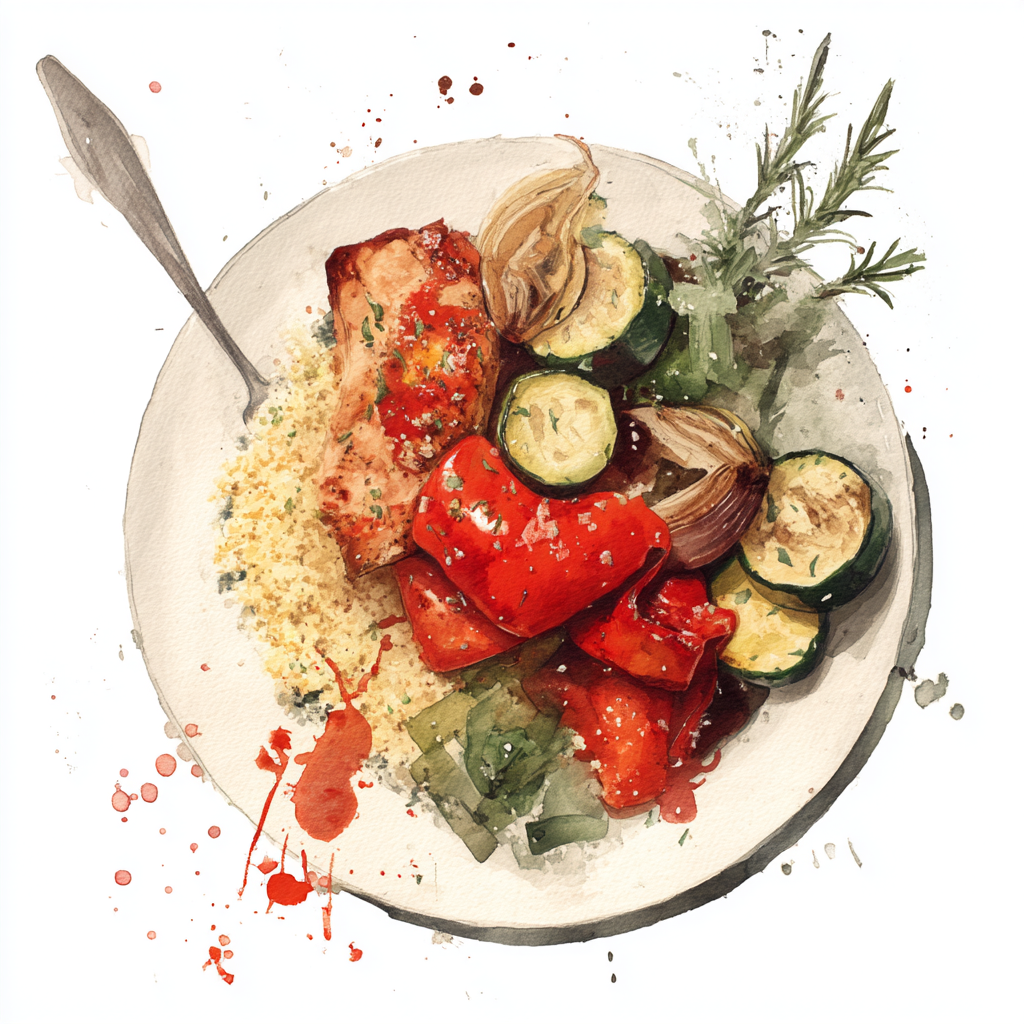 Poulet Jalfrezi (medium hot), courgettes et poivrons à l’échalote au four, semoule aux herbes.