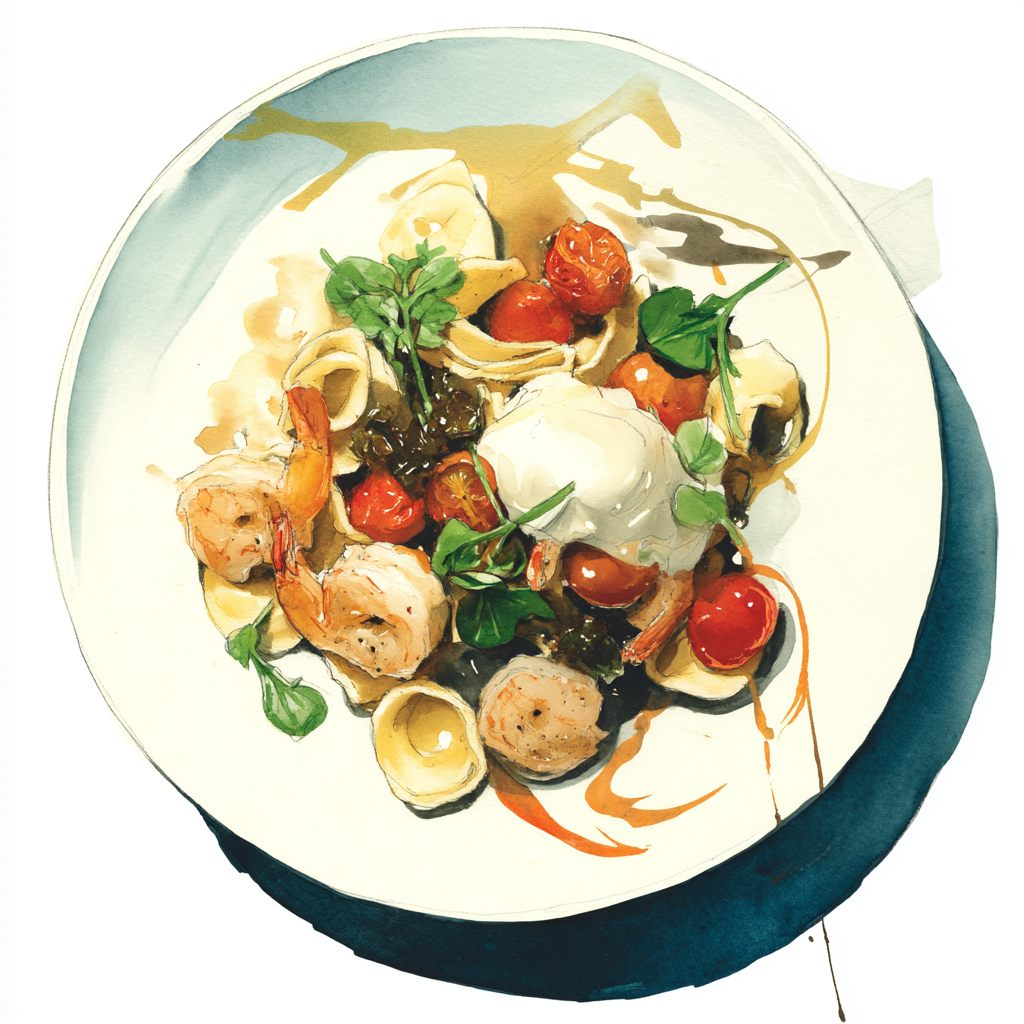 Scampis, salsa puttanesca et mascarpone, tomates grappe confites et oignons, orecchiette et persillade.