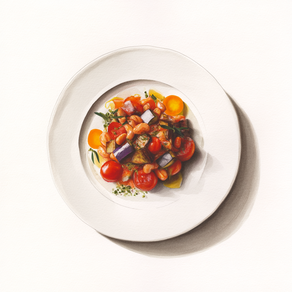 Ragoût de haricots, tomates et aubergines à la Toscane.