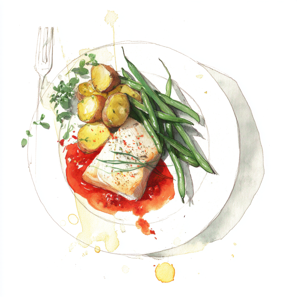 Filet de daurade aux épices, sauce à l’estragon et dés de tomates, haricots verts à l’échalote et au gingembre, pommes de terre au persil plat.