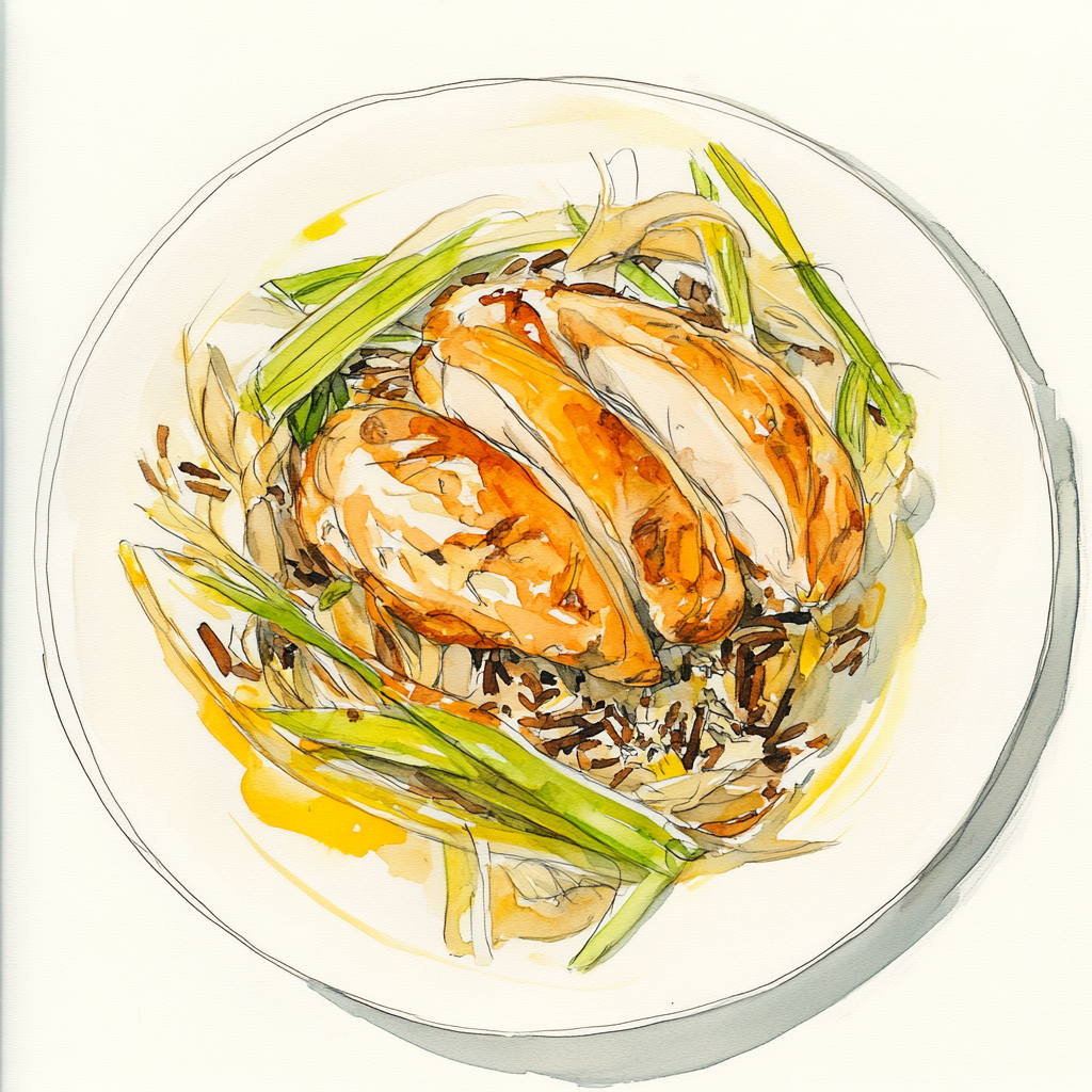 Chicken tenders, sauce teriyaki, poireaux et oignons sautés, riz sauvage aux épices.