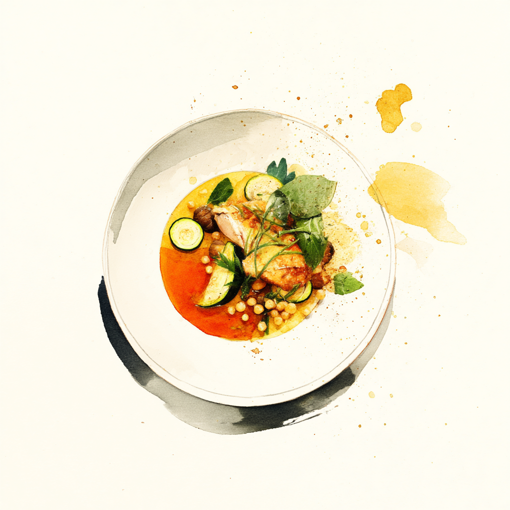 Tajine de poularde sauce curry-coriandre, courgettes et raisins, fregola aux herbes vertes.