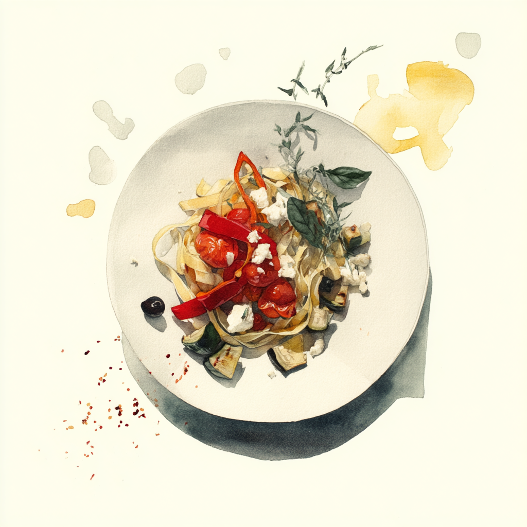 Linguine aux poivrons doux, légumes provençaux grillés, tomates et crumble de feta