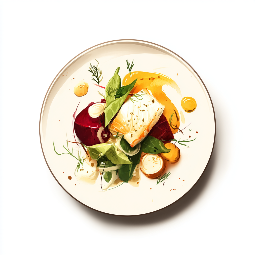  Filet de colin, sauce verte au lait de coco, chou rave et oignons sautés, purée de betterave rouge.