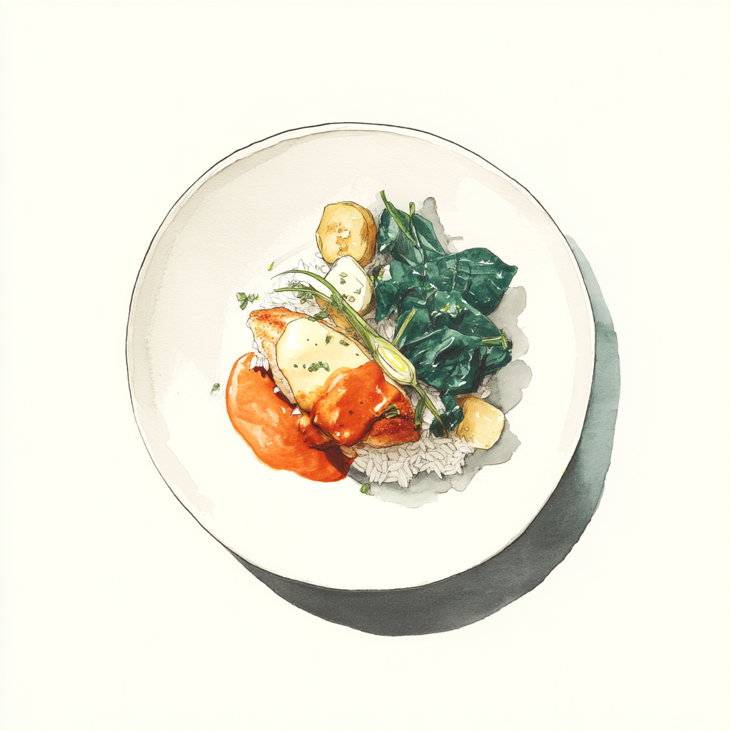  Suprême de volaille, sauce tikka masala, poireaux et épinards à l’échalote, riz basmati. 