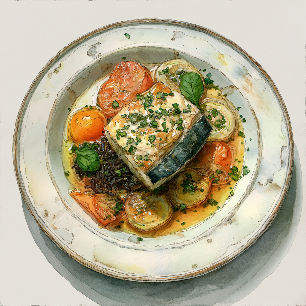 Filet de daurade en croûte d’herbes, pot au feu de tomates, oignons et céleri-rave au four, riz noir rôti aux épices.
