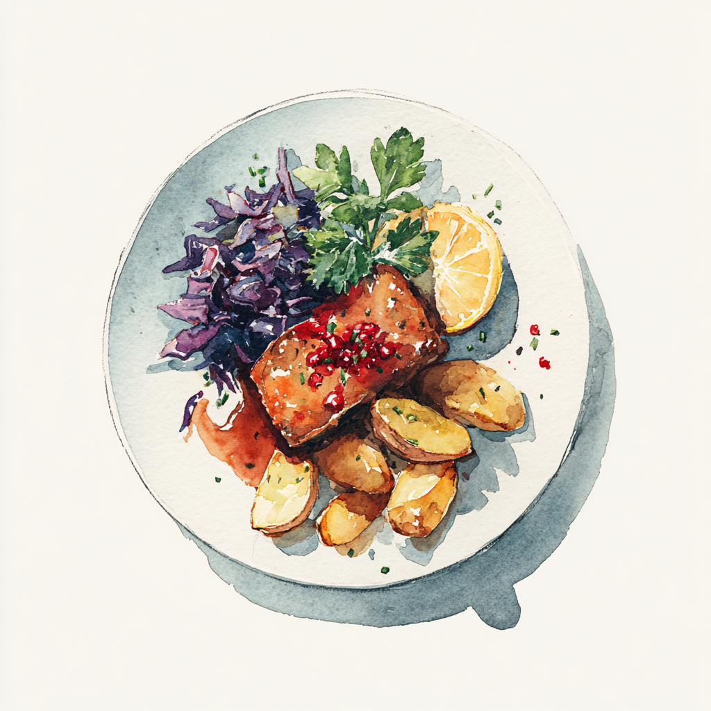 Pain de viande, jus de cuisson, choux rouges aux pommes et raisins, quartiers de pommes de terre rôties