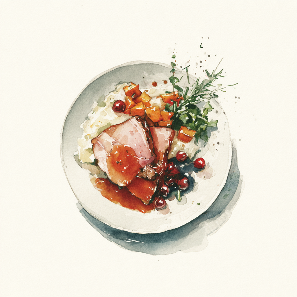 Jambon désossé, jus brun oignon-gingembre, potiron caramélisé au miel, soja et airelles, purée de céleri-rave.