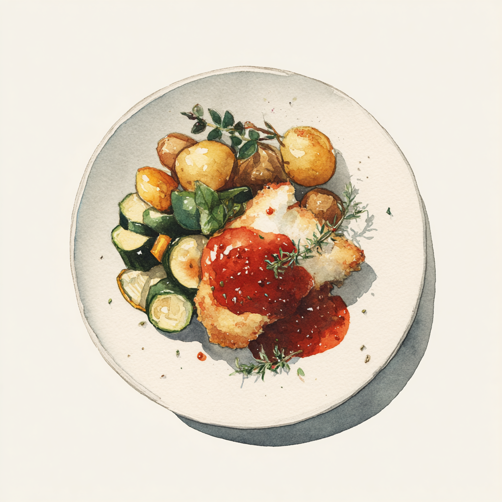 Escalope de dinde panée, sauce tomate, copeaux de parmesan, courgettes,oignons et poivrons confits, pommes de terre rôties au gros sel et thym.