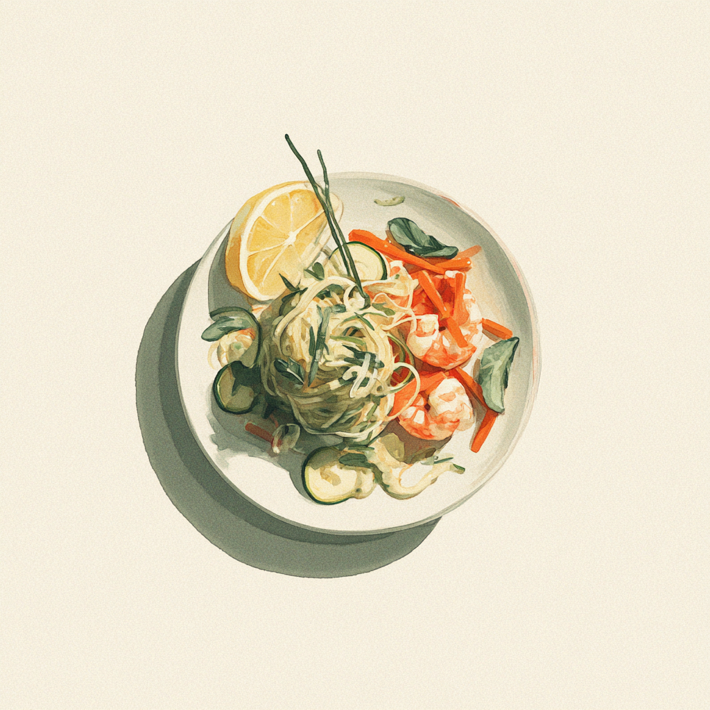 Scampis, sauce aux feuilles de citron, linguine, spaghetti de carottes et de courgettes.