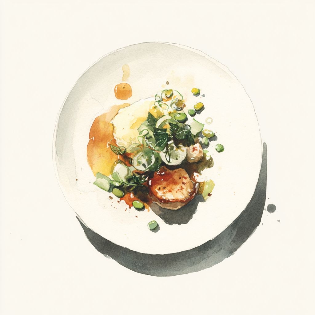 Vol-au-vent, poireaux et edamame aux oignons grillés, purée de pommes de terre