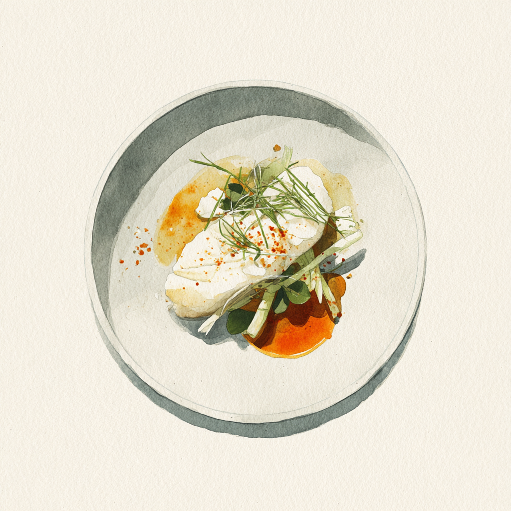 Filet de daurade, sauce au vin blanc, salsifis, céleri et échalotes, purée de carottes Ras El Hanout.