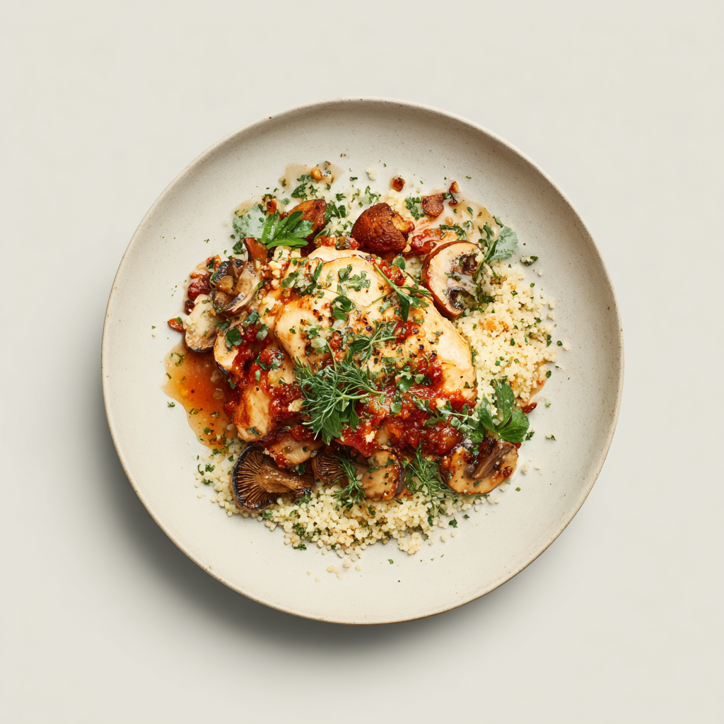 Poulet marengo, champignons des bois au four, semoule aux herbes.