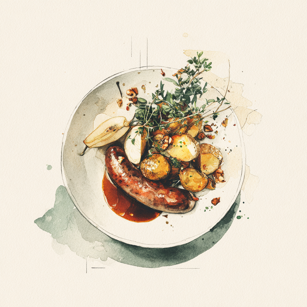 Chipolata, jus brun, poire laquée au thym et union square nuts, pommes de terre rôties au four aux épices.