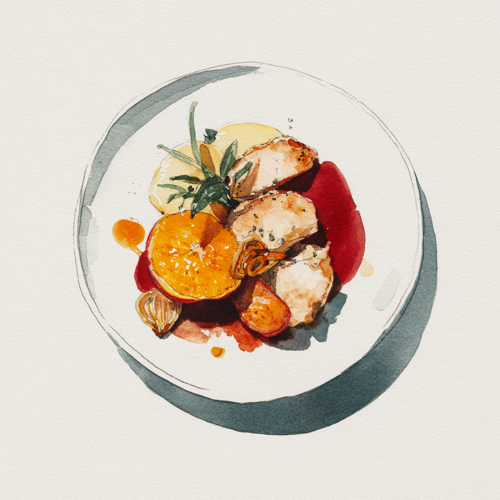 Petits suprêmes de filet de coq au vin, pomme au four à l’orange et aux oignons grillés, purée de céleri-rave.