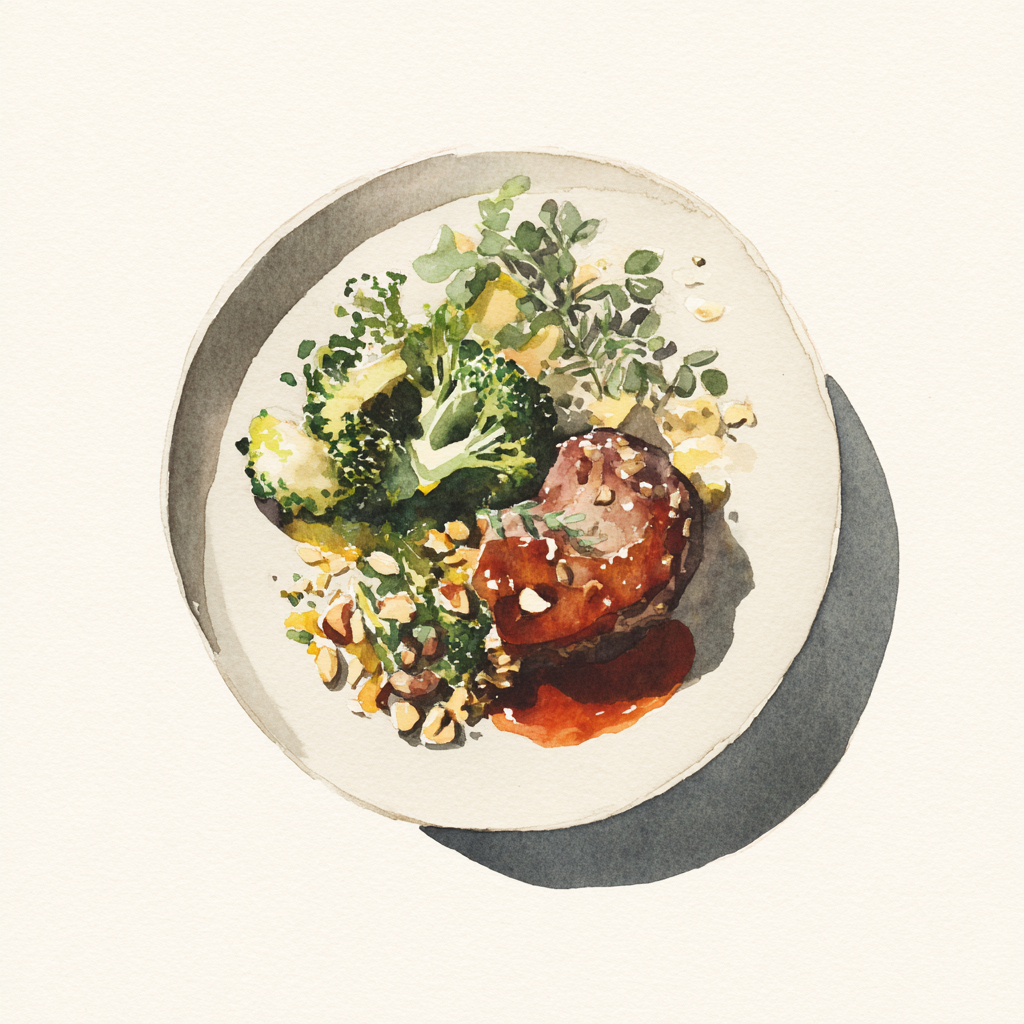 Crépinette de veau, jus brun, brocoli aux noix, orzo et herbes vertes.