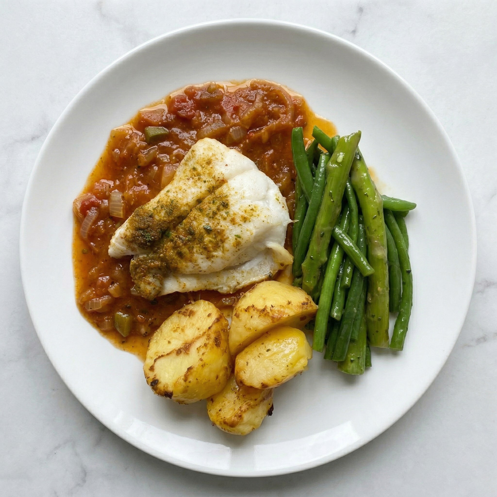 FILET DE DAURADE AUX EPICES, SAUCE PROVENCALE, HARICOTS VERTS ET ASPERGES VERTES, POMMES DE TERRE ROTIES