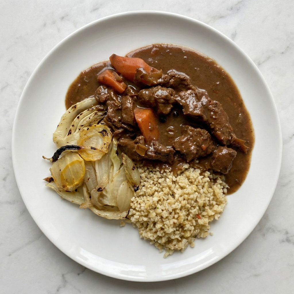CARBONADE CHIKKA, FENOUIL ET OIGNONS GRILLES AU FOUR, BOULGOUR