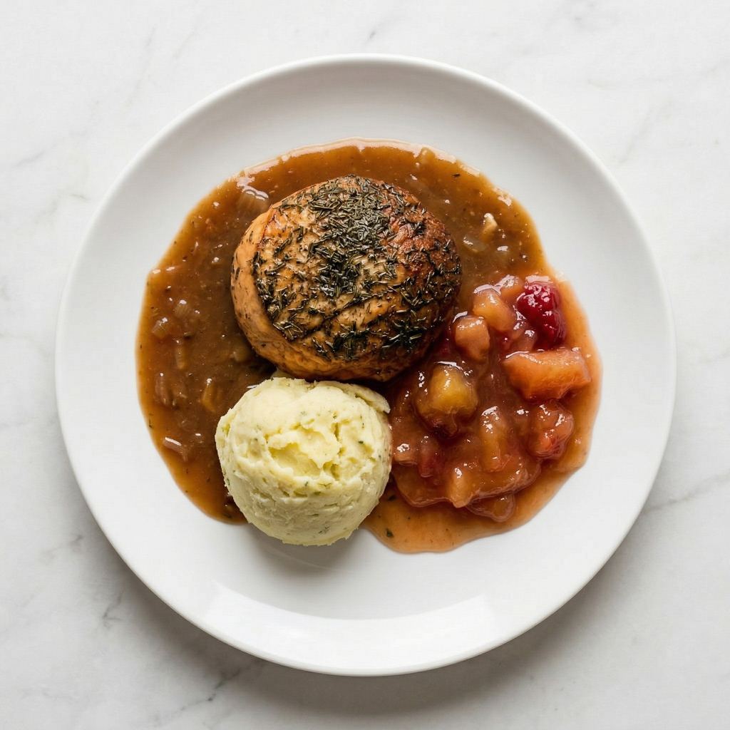 HAMBURGER DE VOLAILLE AU THYM, JUS BRUN AUX OIGNONS, COMPOTE DE POMMES ET FRUITS ROUGES, PUREE DE POMMES DE TERRE