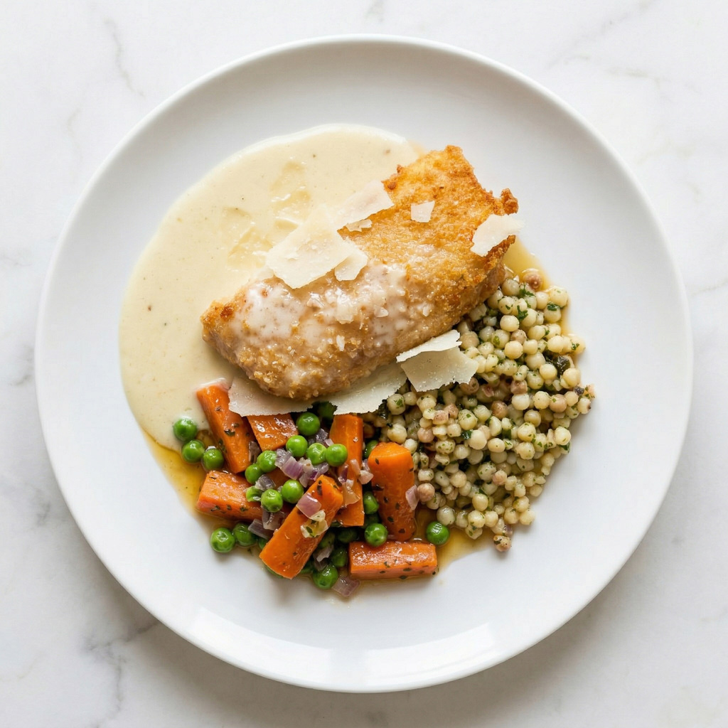 CORDON BLEU DE VOLAILLE, SAUCE EMMENTAL ET PARMIGIANO, CAROTTES ET PETITS POIS AUX OIGNONS, FREGOLA SARDA AUX HERBES