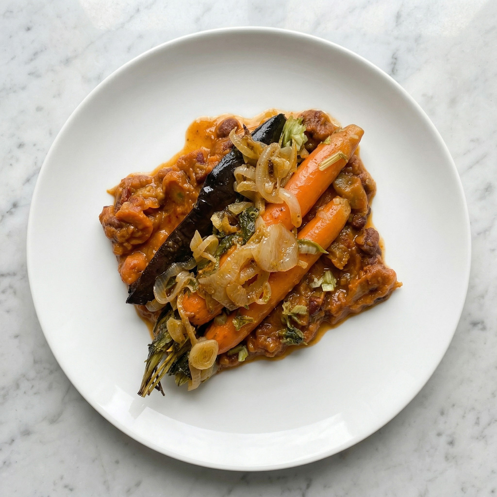 RAGOUT D'HARICOTS, TOMATES ET AUBERGINES A LA TOSCANE, JEUNES CAROTTES