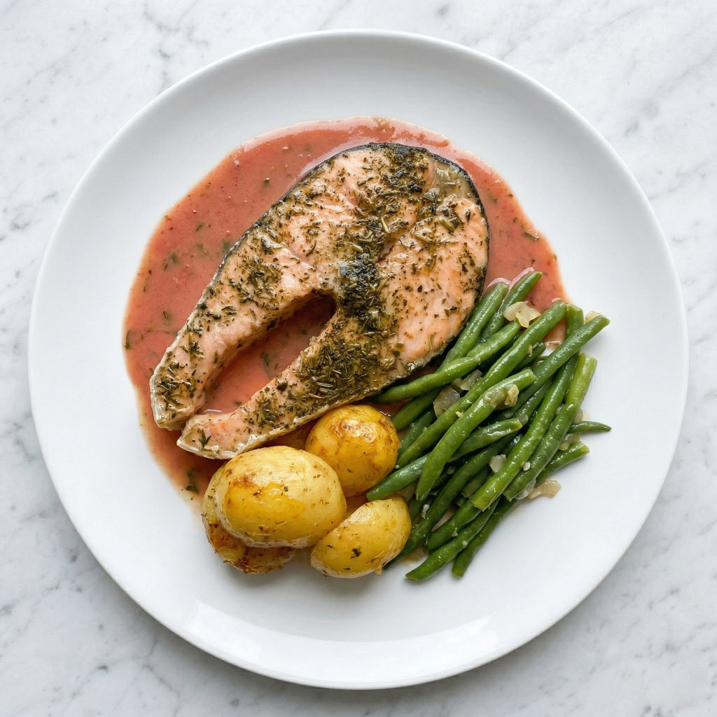 DARNE DE SAUMON AUX EPICES, SAUCE A L'ESTRAGON ET AUX TOMATES, HARICOTS VERTS A L'ECHALOTE ET AU GINGEMBRE, POMMES DE TERRE AU FOUR ET AUX HERBES