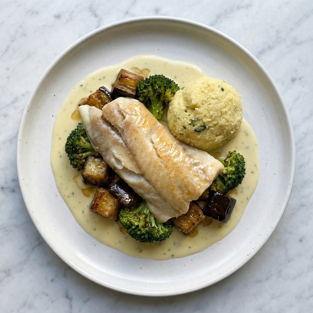 FILET DE COLIN, SAUCE AU VIN BLANC, BROCOLI ET AUBERGINES GRILLES, POLENTA AUX HERBES