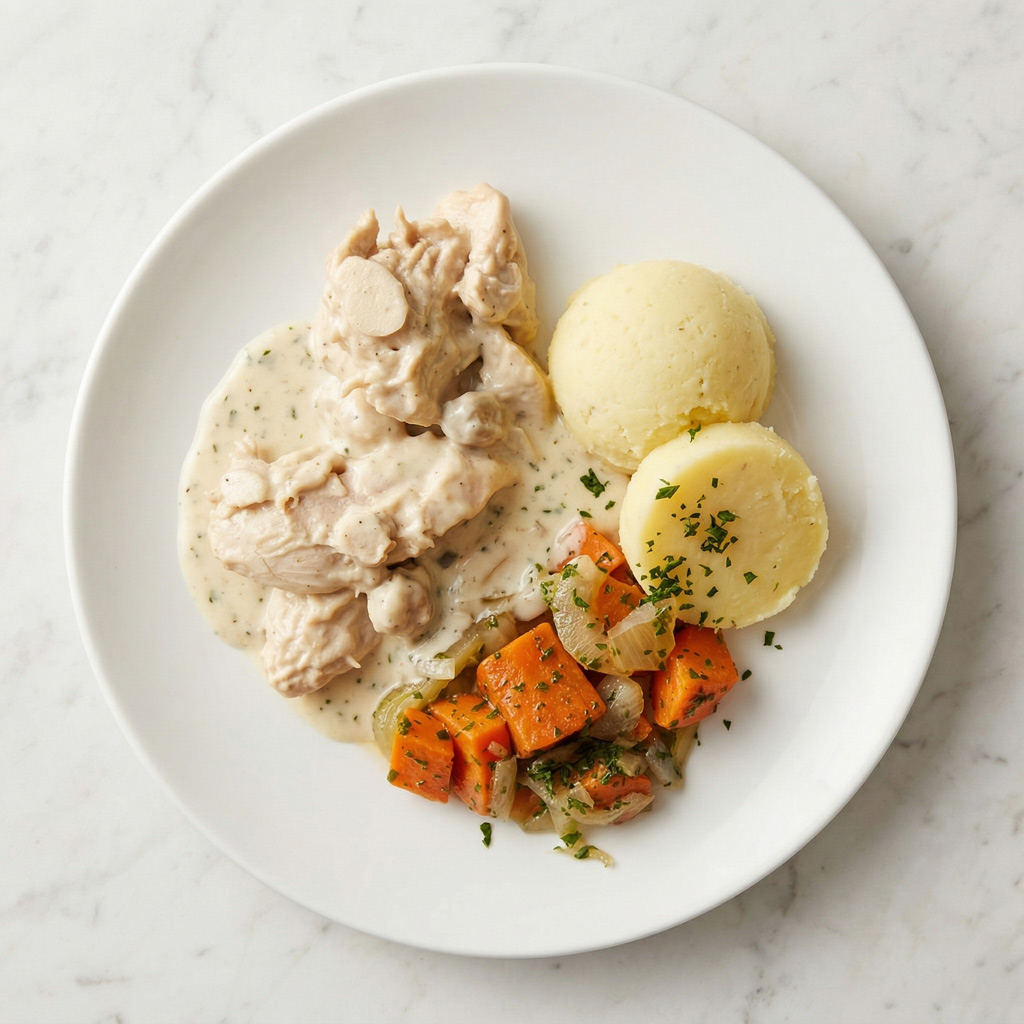 VOL-AU-VENT, CAROTTES, OIGNONS ET CHAMPIGNONS, PUREE DE POMMES DE TERRE